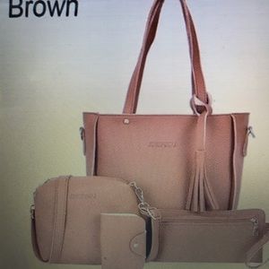 4 PC TOTE SHOULDER PURSE CLUTCH BROWN BLK OR PEACH